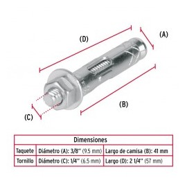 TAQUETE TX 1/4 PLG X2 1/2 PLG BROCA 5/16 PLG EXPANSIVO GALV