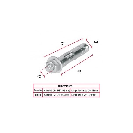 TAQUETE TX 1/4 PLG X2 1/2 PLG BROCA 5/16 PLG EXPANSIVO GALV